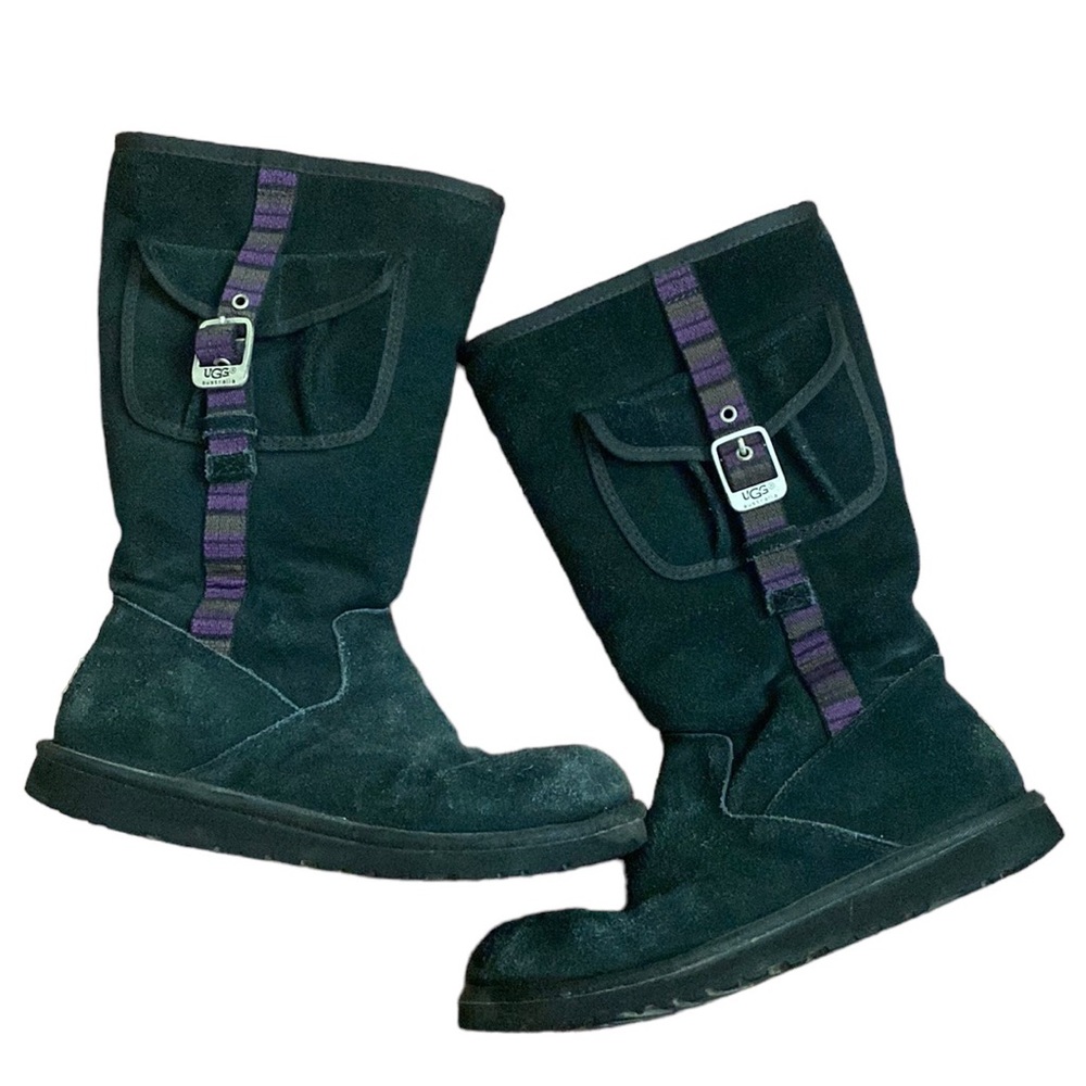 UGG Australia Tall Black Boots with Belted Purple Side Stripe and Side Pocket
